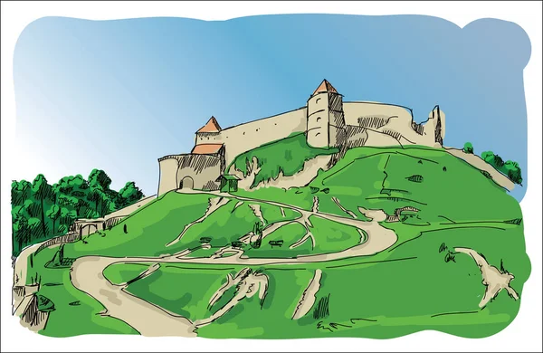 Цифровой векторный рисунок замка с голубым небом — стоковый вектор