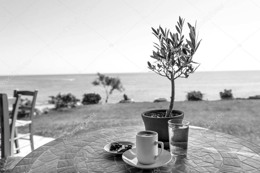 Black and white cup of coffee on a table
