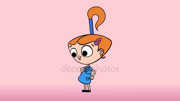 Niña pensando, pelo rojo, vestido azul, animación 2d — Vídeos de Stock