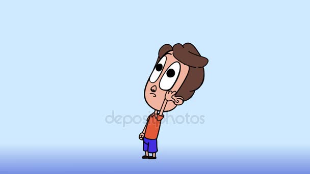 Niño feliz pensando, animación 2d. Pelo castaño, camiseta roja, pantalones azules — Vídeo de stock