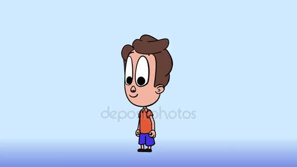 Happy kid boy shaking had as affirmative gesture, animation. Brown hair, red t-shirt, blue pants