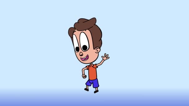 Niño feliz saltando y mostrando un gesto de saludo con su mano izquierda, animación 2d. Pelo castaño, camiseta roja, pantalones azules — Vídeo de stock