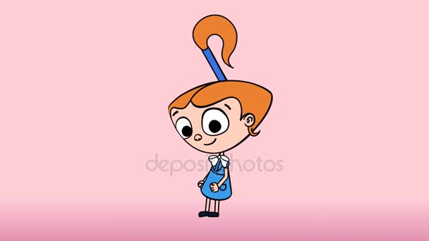 Happy kid girl dancing and moving back and forth, red hair, blue dress, 2d animation — Stock Video