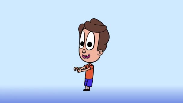 Fröhlicher Junge, der mit Händen und Beinen tanzt, 2D-Animation. braune Haare, rotes T-Shirt, blaue Hose — Stockvideo