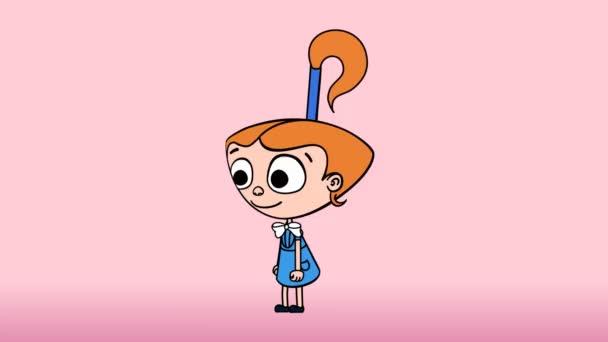 肯定的なジェスチャー、赤い髪、青いドレス、2 d アニメーションとして頭を振って喜んでいる子供女の子 — ストック動画