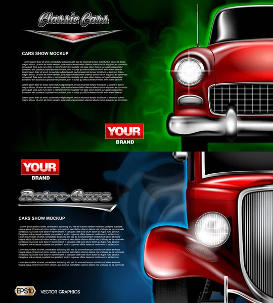 Digitale vector rode oude retro auto dicht omhoog mockup — Stockvector