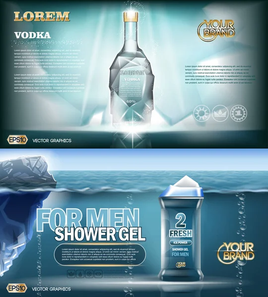 Digitální vektorová aqua silver vodka láhev maketa — Stockový vektor