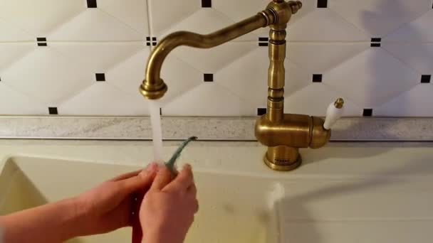 女性の手が洗面台で赤唐辛子を洗い — ストック動画