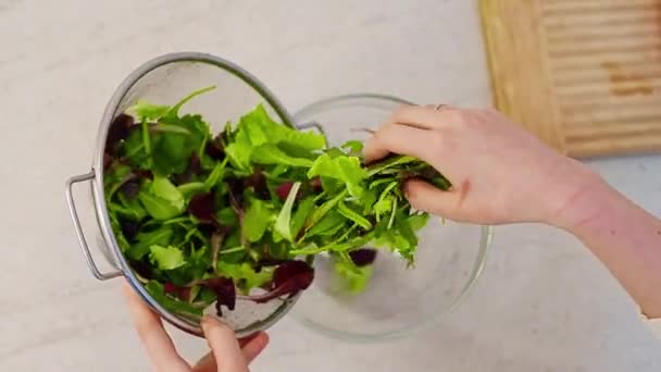 Insalata di verdure fresche in una ciotola di vetro — Video Stock