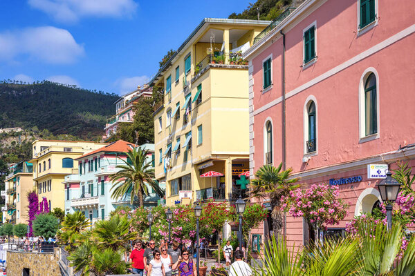 MONTEROSSO AL MARE, ITALY - JUNE 25, 2017: Daylight view to Monterosso al Mare mountains and city streets with buildings. Italy, Cinque Terre