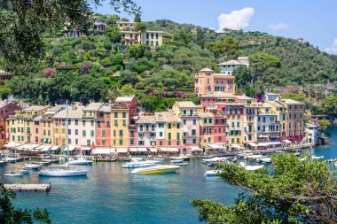Gemi güzel yaz görünümüne su ve Portofino şehir binalarda