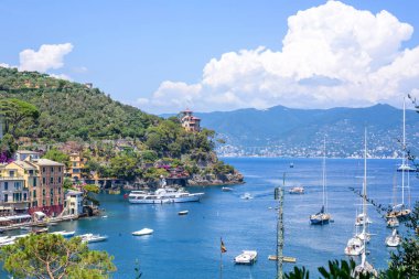 Gemi güzel yaz görünümüne su ve Portofino şehir binalarda