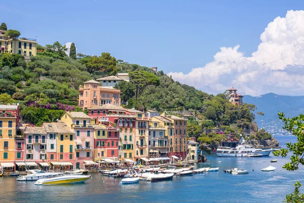 Portofino sokakları ve gemi güzel yaz görünümüne su — Stok fotoğraf