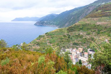 Güzel görünümüne Manarola dağlar ve yol