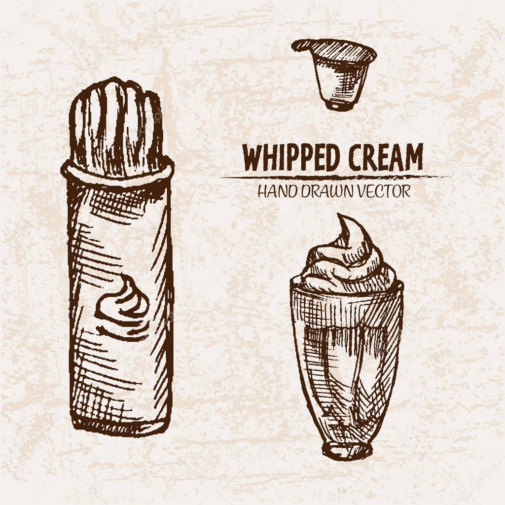 Digital vector detailed line art whipped cream can and milkshake hand drawn retro illustration collection set. Thin artistic pencil outline. Vintage ink flat, engraved mill doodle sketches. Isolated