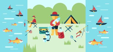 Dijital vektör balıkçılık faaliyetleri koleksiyonu ayarla