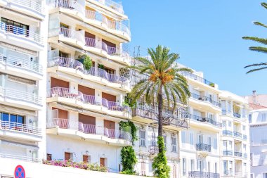 Gün ışığından yararlanma görünümüne alttan otel Balkonlu, palmiye ağaçları ve pla