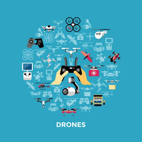 Digital vector flying drone objects color — Stock Vector