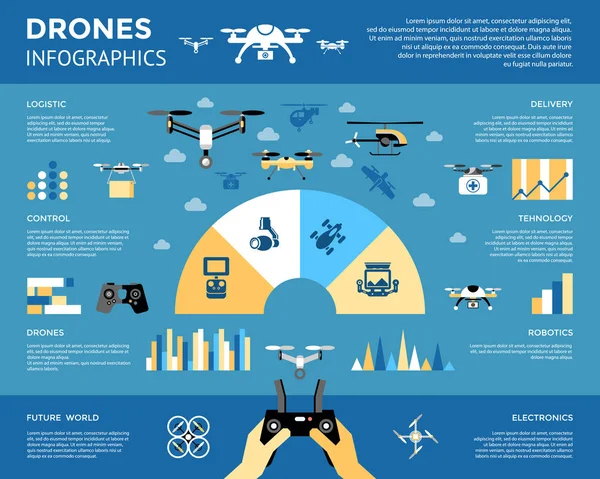 Vetor digital voando cor objetos drone — Vetor de Stock