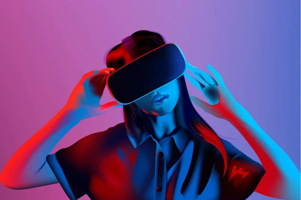 Woman with vr set with blue and purple lights — Stock vektor
