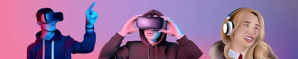 Woman and boy with vr set with blue and purple lights — Stok Vektör