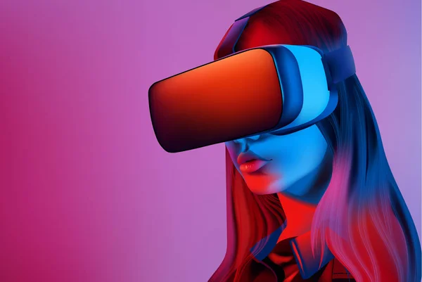Woman with vr set with blue and purple lights — Stock vektor