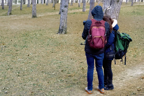 Fotógrafo Mulher Com Cabelo Castanho Mochila Verde Caminhadas Final Inverno — Fotografia de Stock