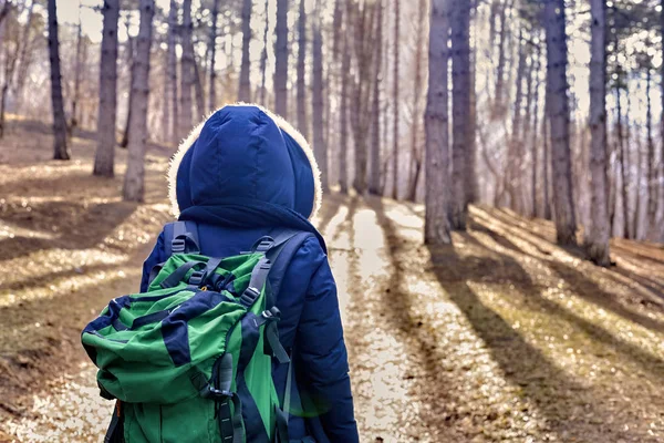 Kış ormanı sonunda yeşil sırt çantalı bir kadın.