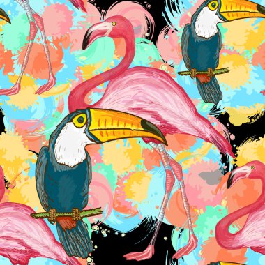 Vector seamless tropical pattern. Toucans and flamingos