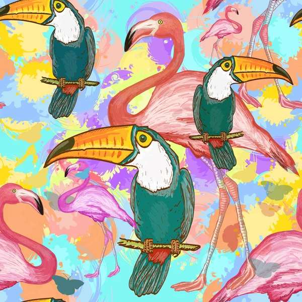 Toucans and flamingos seamless tropical pattern