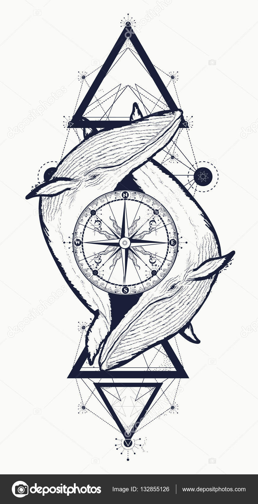 Due balene e bussola rosa tatuaggio stile geometrico — Vettoriale Stock