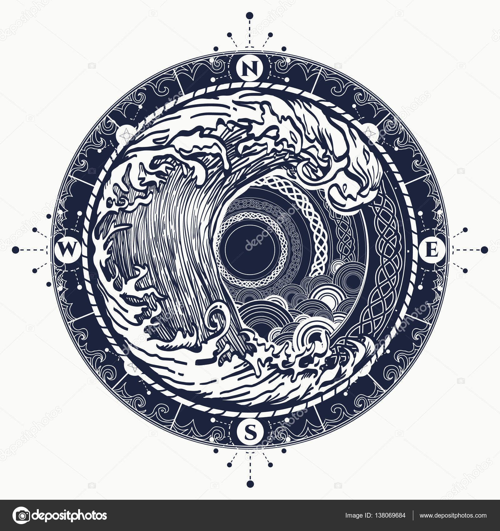 Vector Black And White Wave Tattoo Sea Compass And Storm Tattoo Celtic Style Big Wave And Rose Stock Vector C Intueri