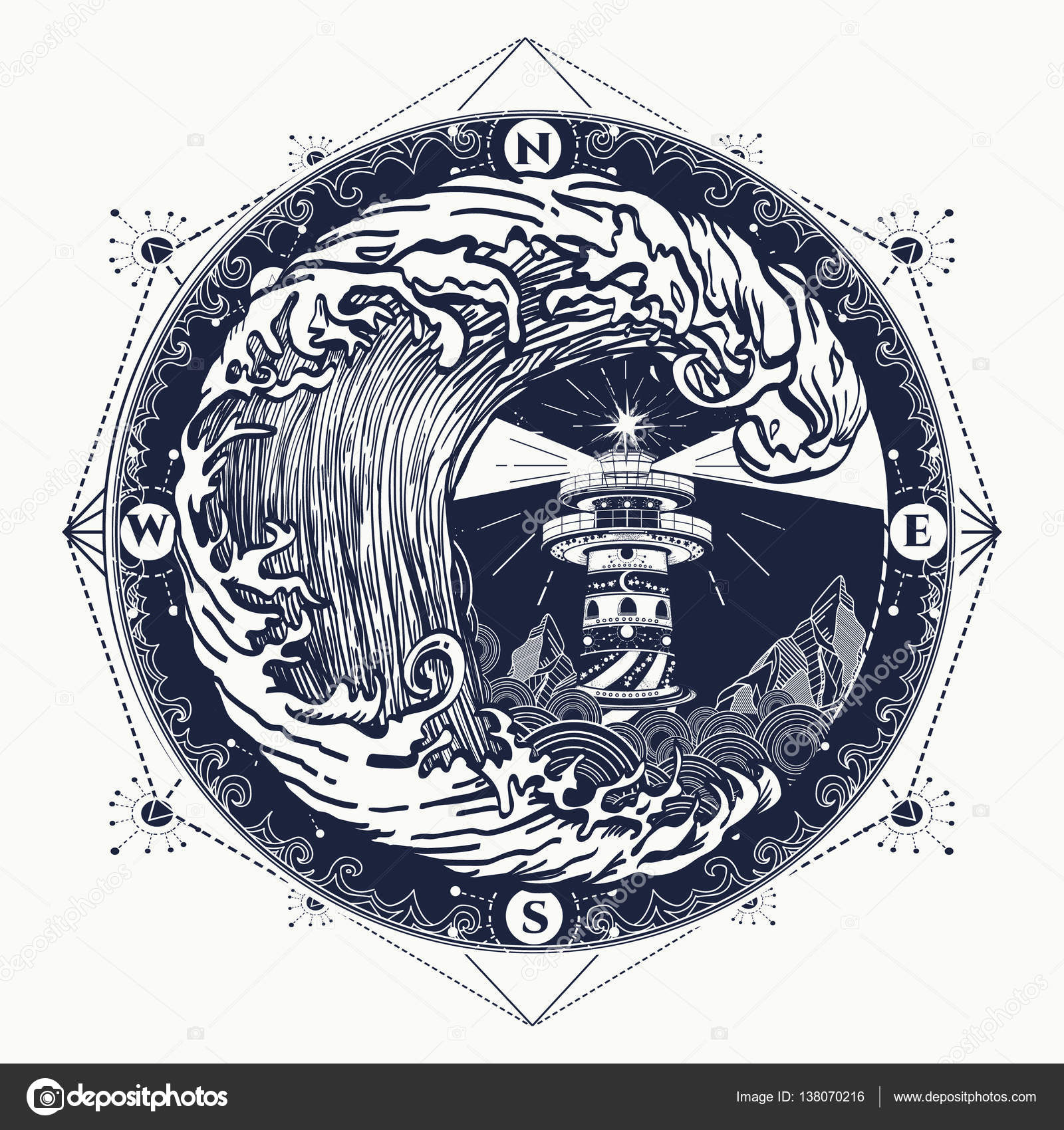 Lighthouse Compass Tattoo Lighthouse And Storm Tattoo Lighthouse And Rose Compass T Shirt Stock Vector C Intueri