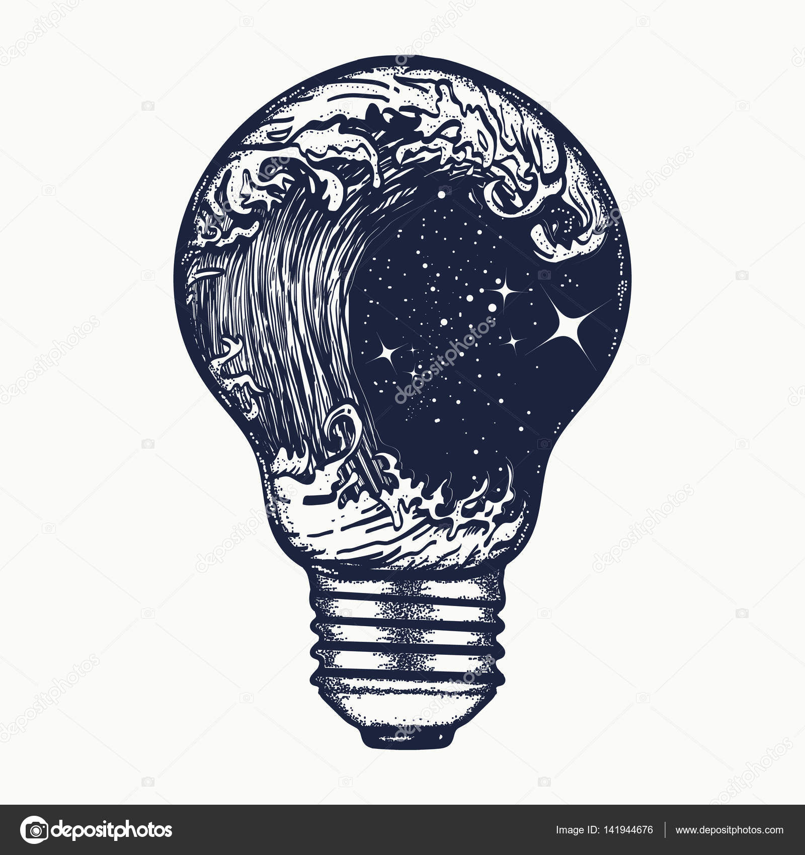 Tempesta in un tatuaggio di lampadina Simbolo di stile boho avventure Grandi spazi aperti Disegno tatuaggio e t shirt delle onde di tsunami — Vettoriali