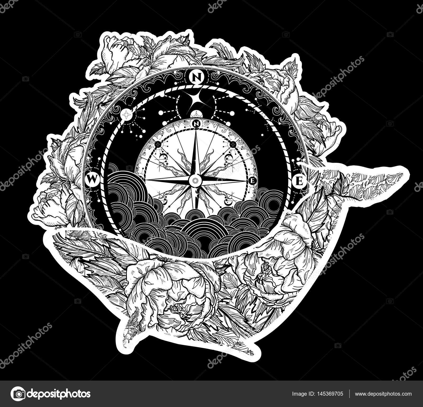 Antique Compass And Floral Whale Tattoo Art Mystical Symbol Stock Vector C Intueri
