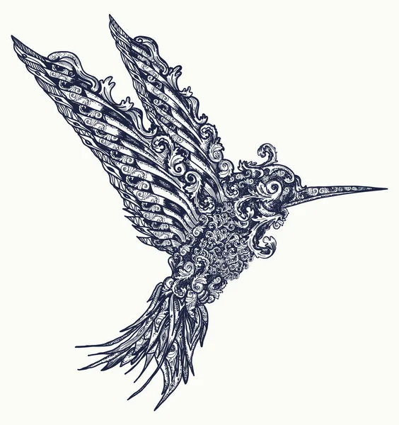 Humming bird tattoo and t-shirt design. Symbol of freedom, dream
