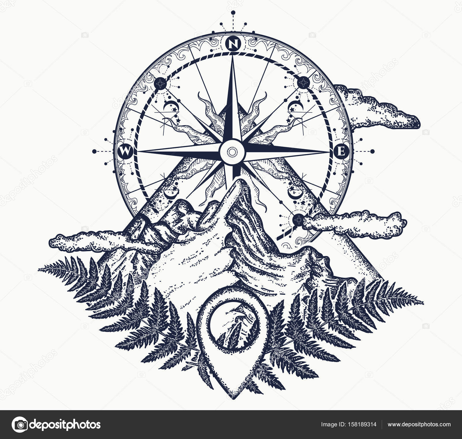 depositphotos_158189314 stock illustration mountains and compass tattoo symbol