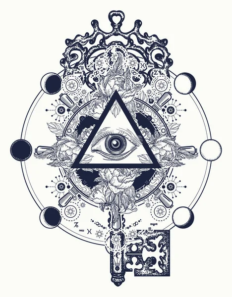 Masonic eye and key tattoo symbols. Freemason and spiritual