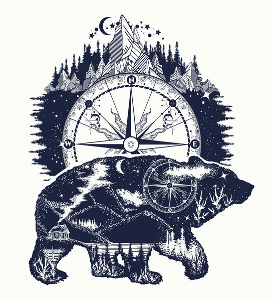 Bear and mountains tattoo art. Bear travel symbol, adventure Royalty Free Stock Vectors