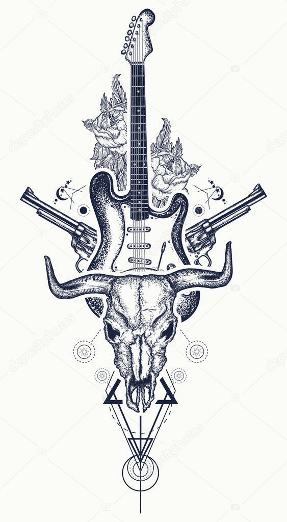 Rock and roll tattoo. Stier schedel, geweren, rozen ...