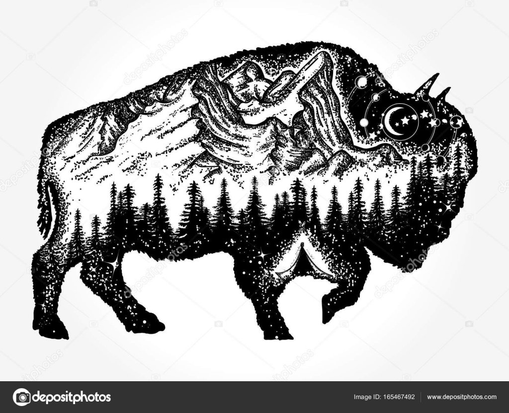 Bison Tatuaż Sztuki Góry Las Nocnego Nieba Grafika Wektorowa