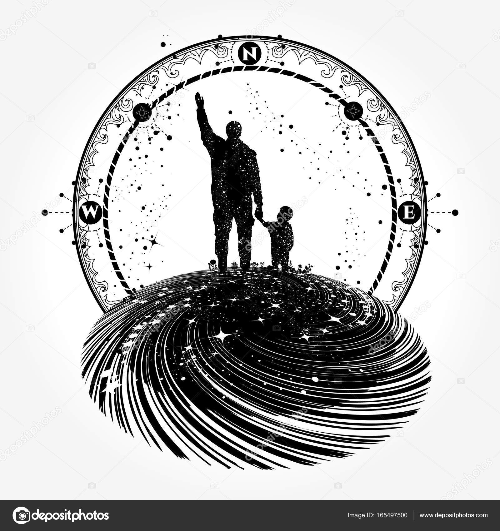 Padre e figlio d arte del tatuaggio Via Lattea — Vettoriali Stock Via Lattea con la siluetta di una famiglia tatuaggio grafico Famiglia felice del futuro Padre insegna al figlio a sognare formazione di vita