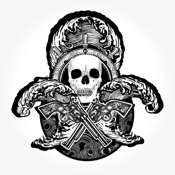 Pirate, crossed guns, skull, sea waves tattoo art. Old skull