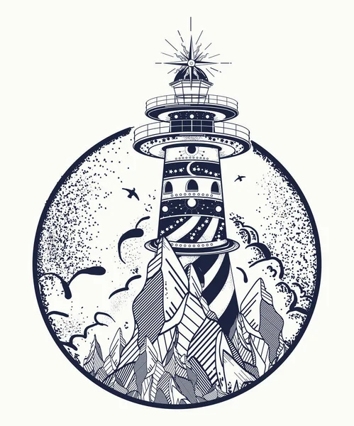 Lighthouse tattoo and t-shirt design. Beacon on the rock