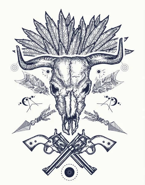 Bull skull tattoo and t-shirt design. Wild west tattoo - Stock Image -  Everypixel