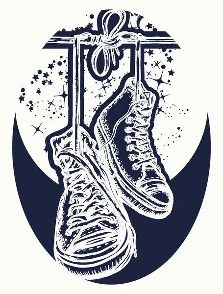 Magic sneakers hanging from electrical wire tattoo and t-shirt design. Symbol of freedom, street culture, graffiti, street art. Sneakers on wires in space