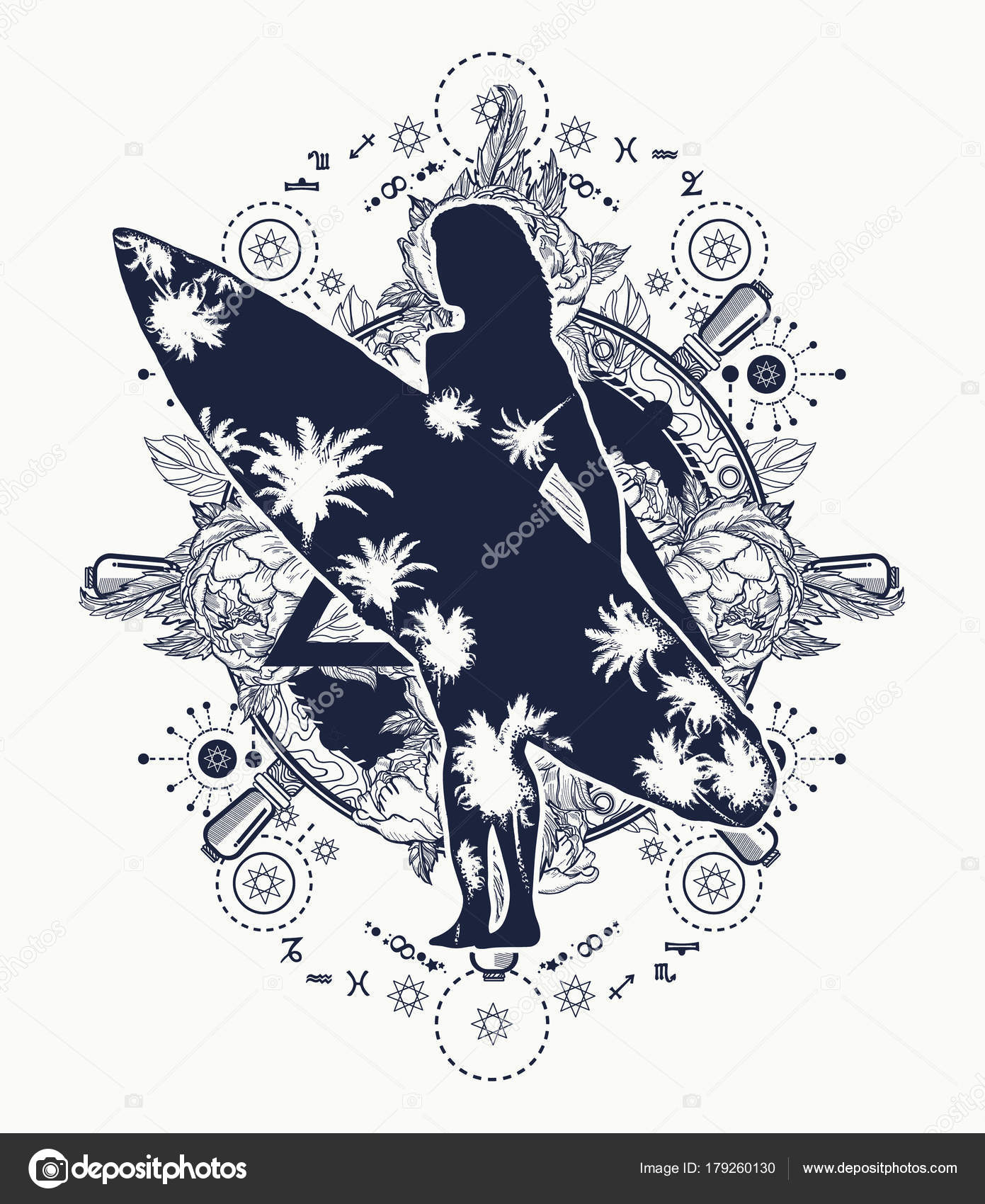 Simbolo di sport estremo guidando sulle onde del mare tropici paradiso Surf tatuaggio e t shirt design Volante e mare grande onda — Vettoriali di