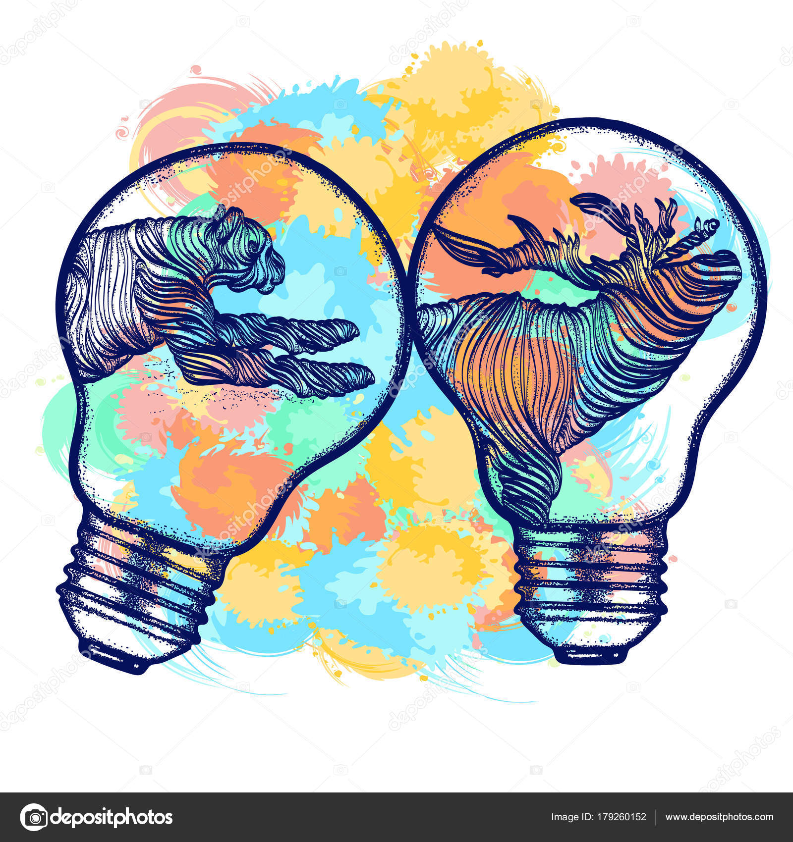 Arte animali selvaggi nel disegno della maglietta di lampadine Linea arte e acqua colore spruzza– illustrazione stock
