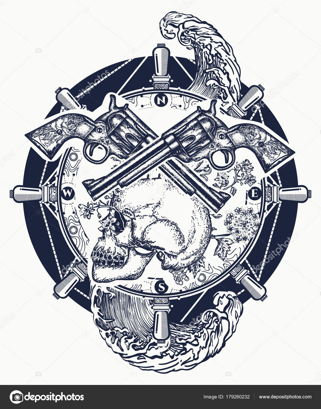 Disegno tatuaggio e t shirt Pirata mare Incrociate le pistole cranio mare onde l arte del tatuaggio Vecchio teschio pirata volante attraversato design