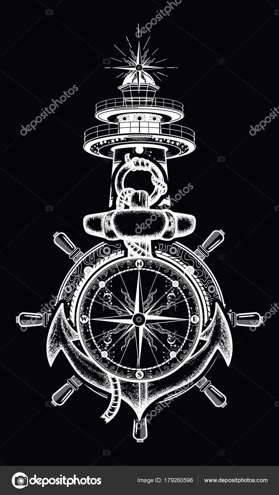 Anchor Steering Wheel Compass Lighthouse Tattoo Art Stock